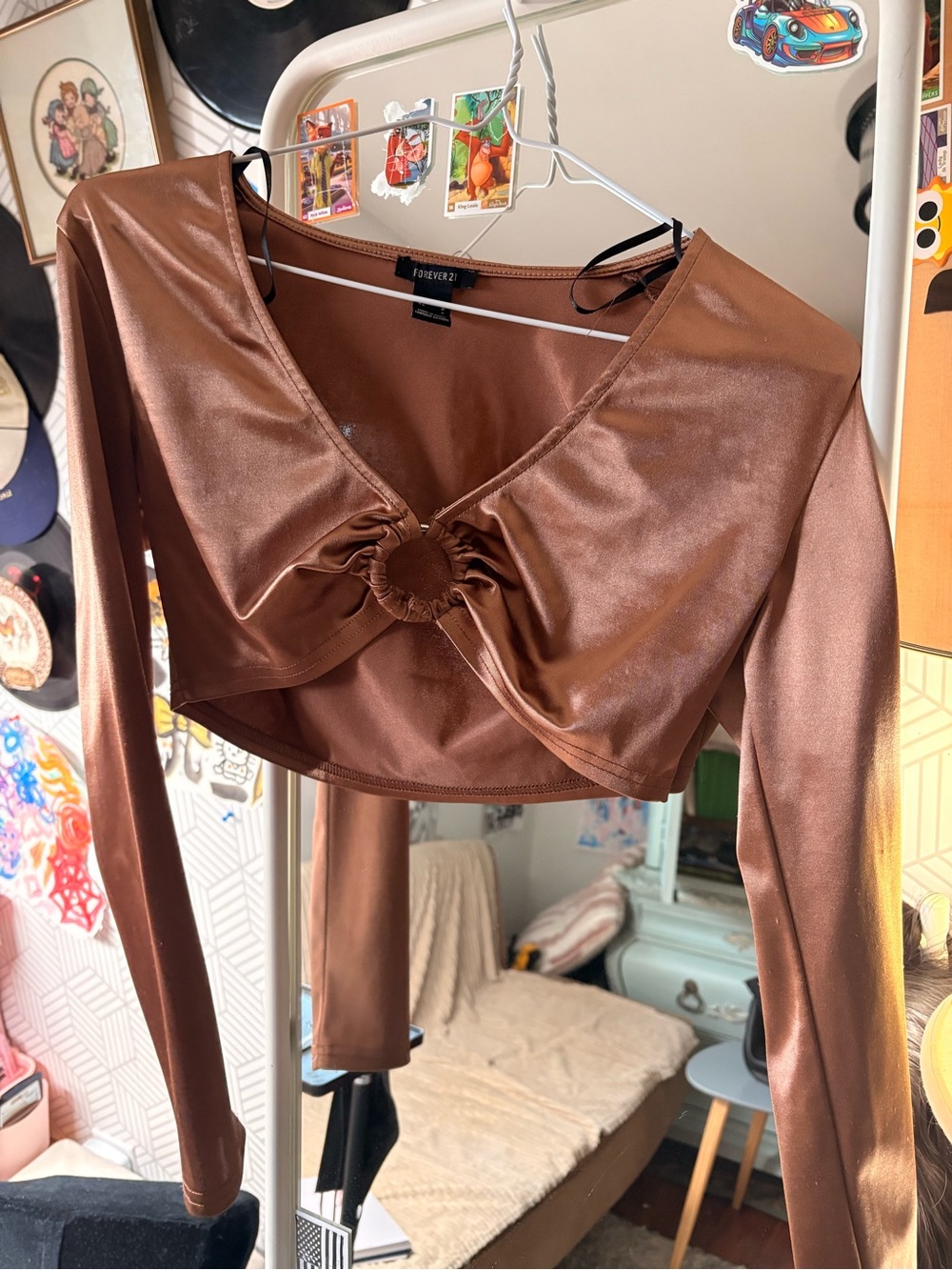 Forever 21 Brown Shiny Ring-Front Long-Sleeve Cropped Top